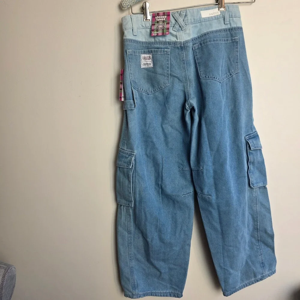Justice Looney Tunes Girls Barrel Jeans Blue Cargo Bugs Lola Bunny Size 14 NWT